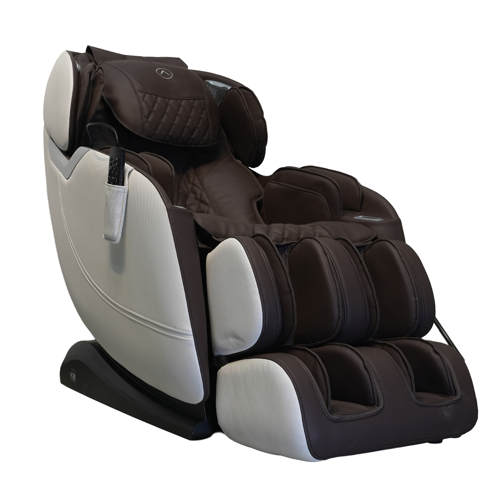 Reclined massage chair showing full stretch position