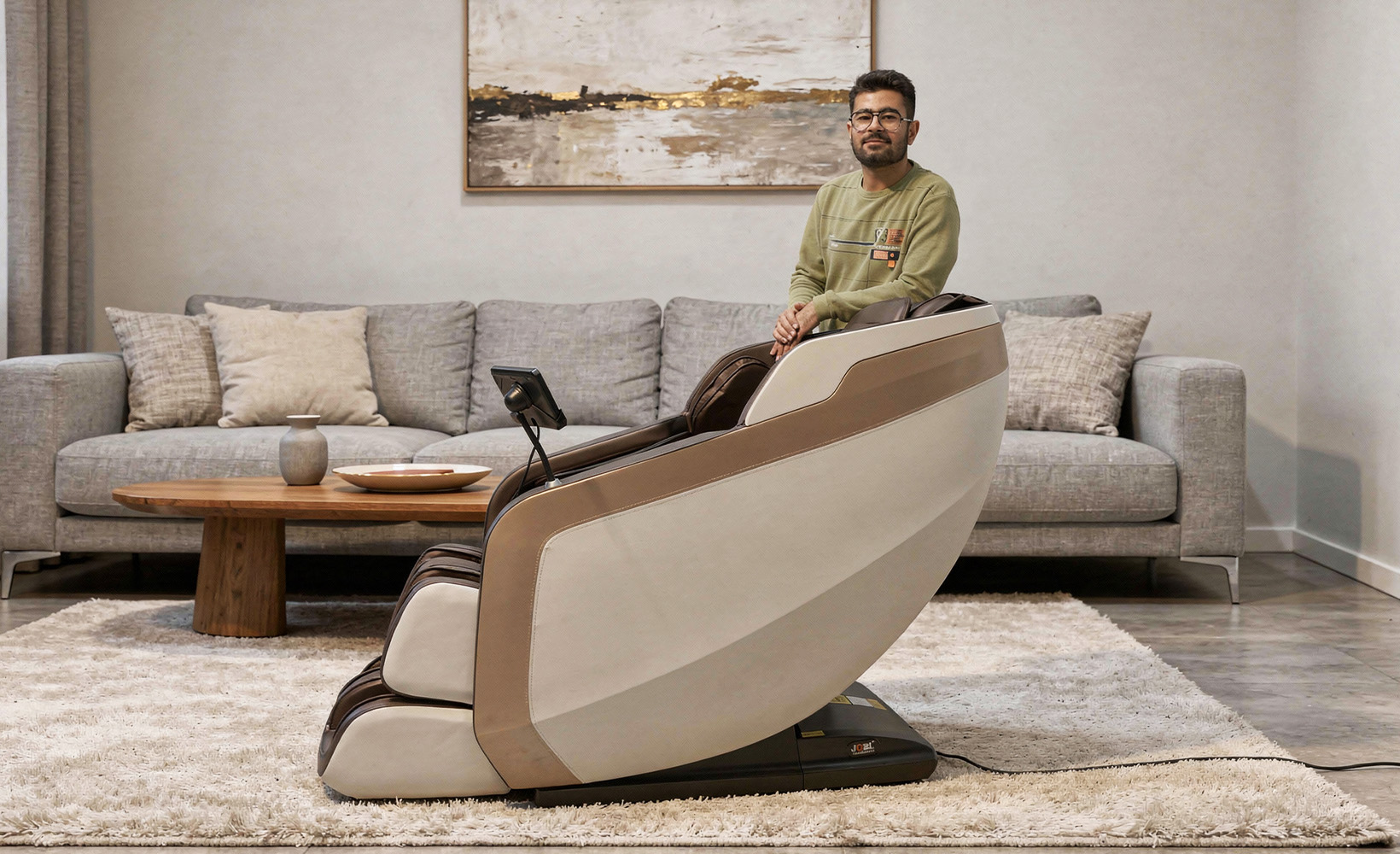 User relaxing on massage chair at home