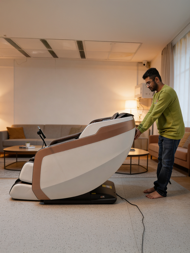 Person adjusting full body massage chair in living room
